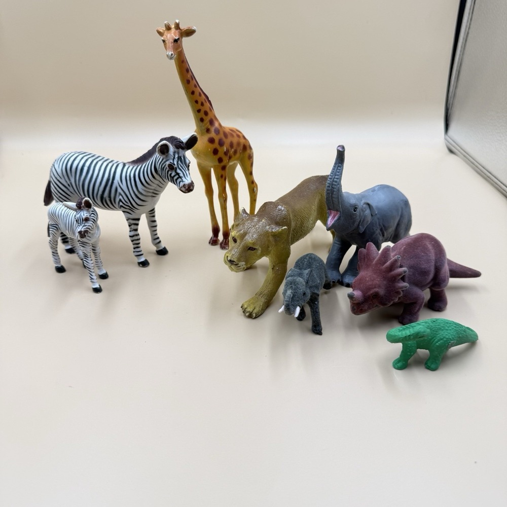 8 Vintage Animal Toys AAA Zebra Giraffe Dinosaur 1980s Retro Figures Lot